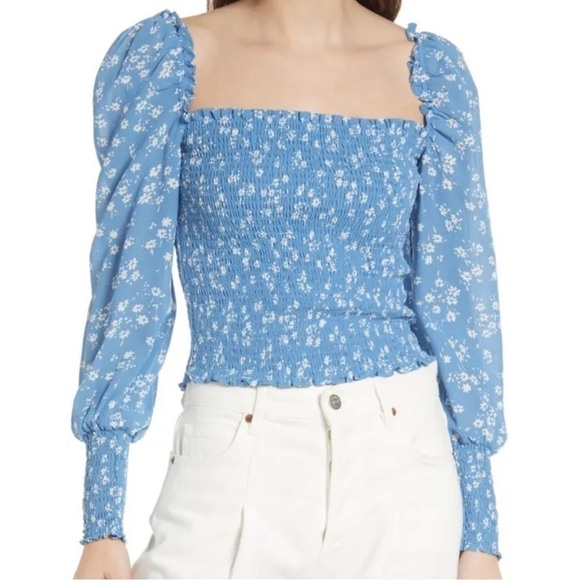 REFORMATION - Pinto Smocked Top Blue L - Picture 1 of 5
